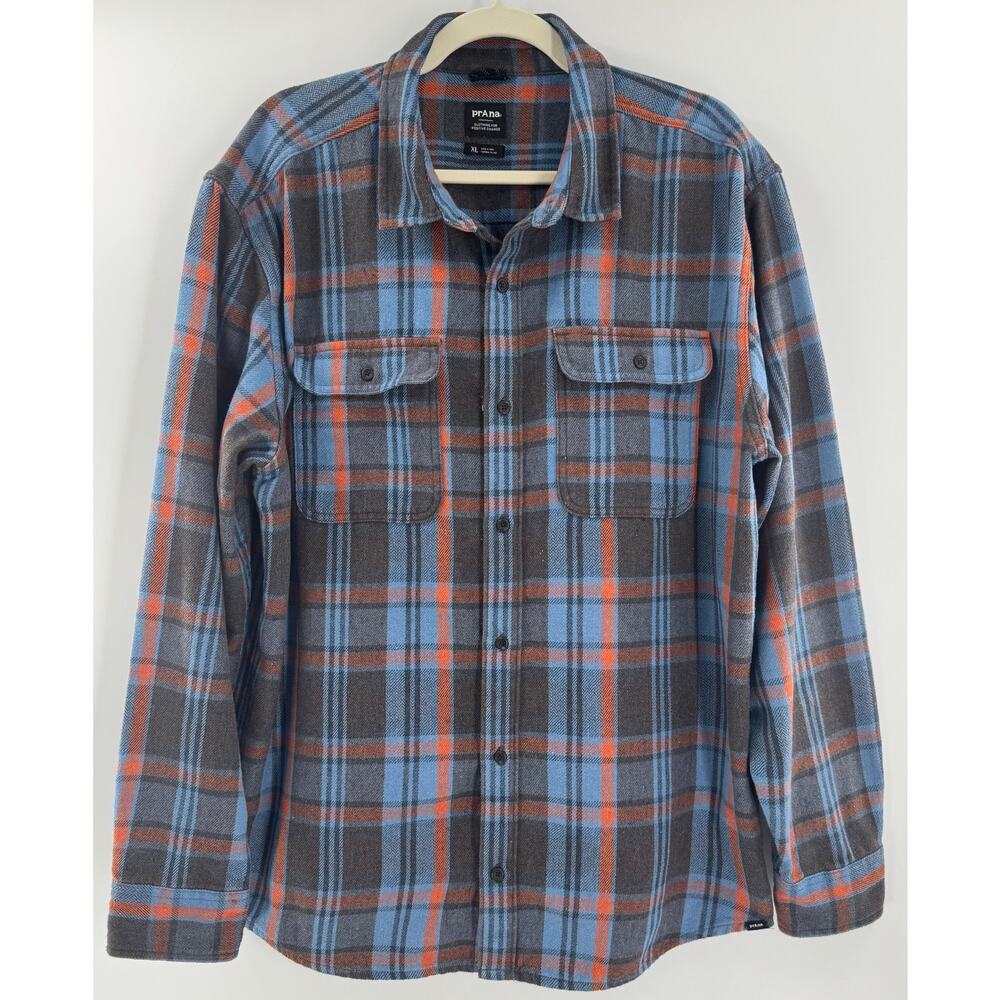 PrAna Mens Westbrook Heavyweight Flannel Shirt Gray Blue Button up Plaid XL